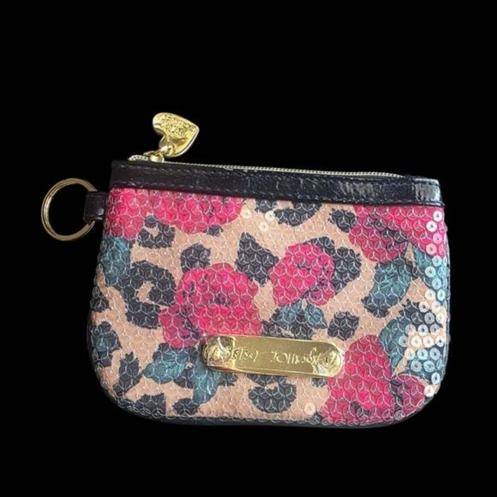 Betsey Johnson Pink and Black Floral Sequin Pouch